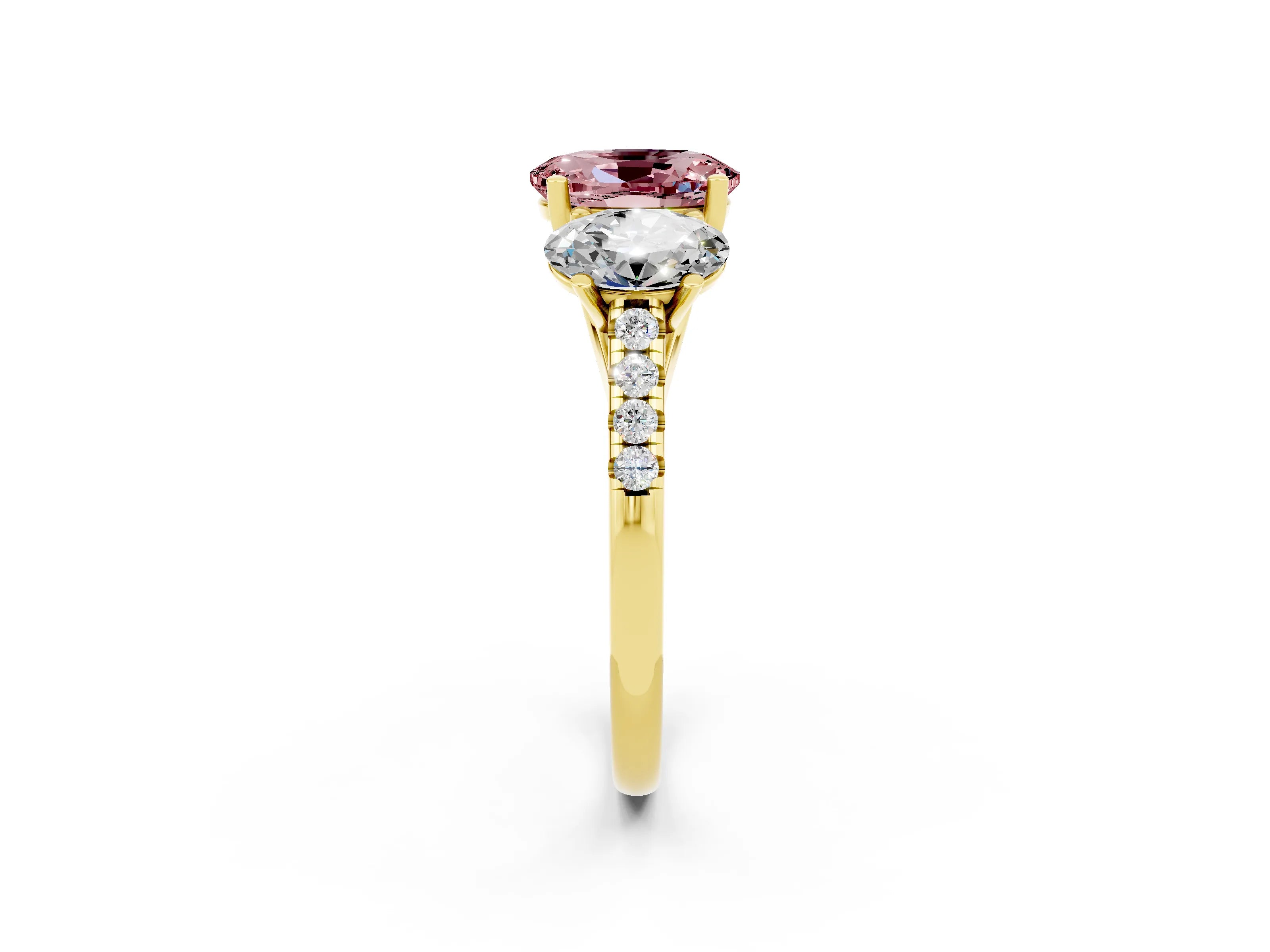 Yellow gold Three-Stone Oval Cut Morganite Ring with Pavé Band and Prong Setting_14