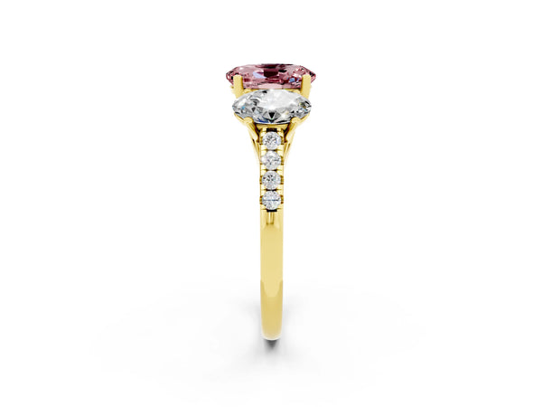 Yellow gold Three-Stone Oval Cut Morganite Ring with Round  Pavé Band and Prong Setting