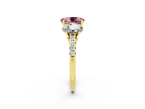Yellow gold Three-Stone Oval Cut Morganite Ring with Pavé Band and Prong Setting_14