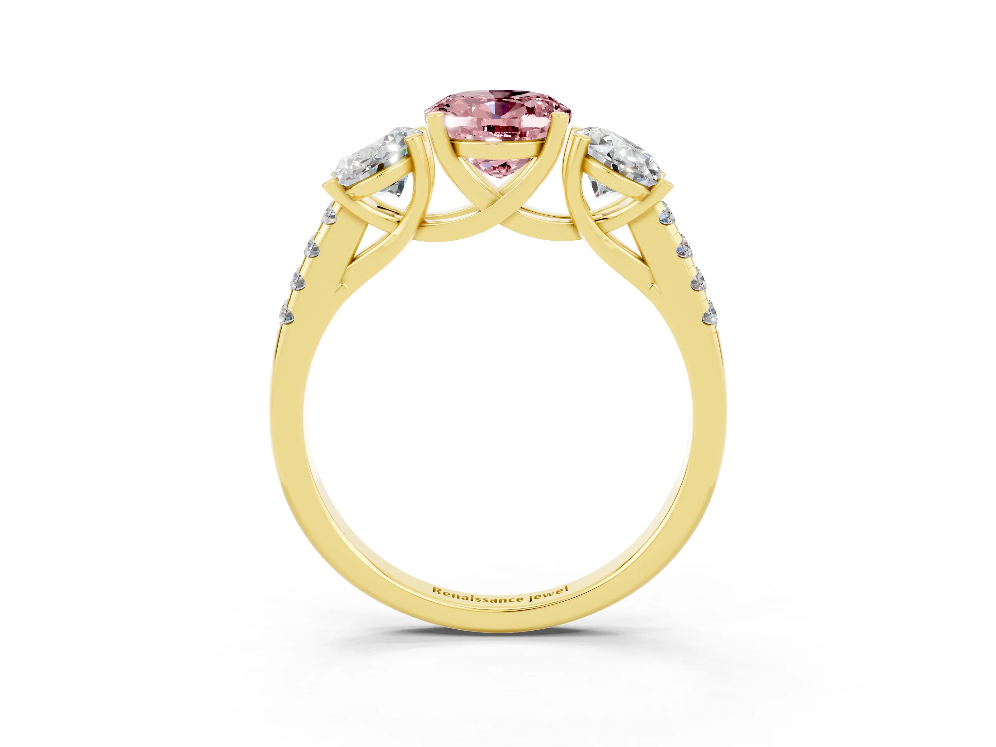 Yellow gold Three-Stone Oval Cut Morganite Ring with Pavé Band and Prong Setting_15