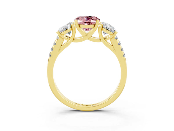 Yellow gold Three-Stone Oval Cut Morganite Ring with Round  Pavé Band and Prong Setting