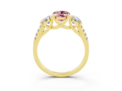 Yellow gold Three-Stone Oval Cut Morganite Ring with Pavé Band and Prong Setting_15