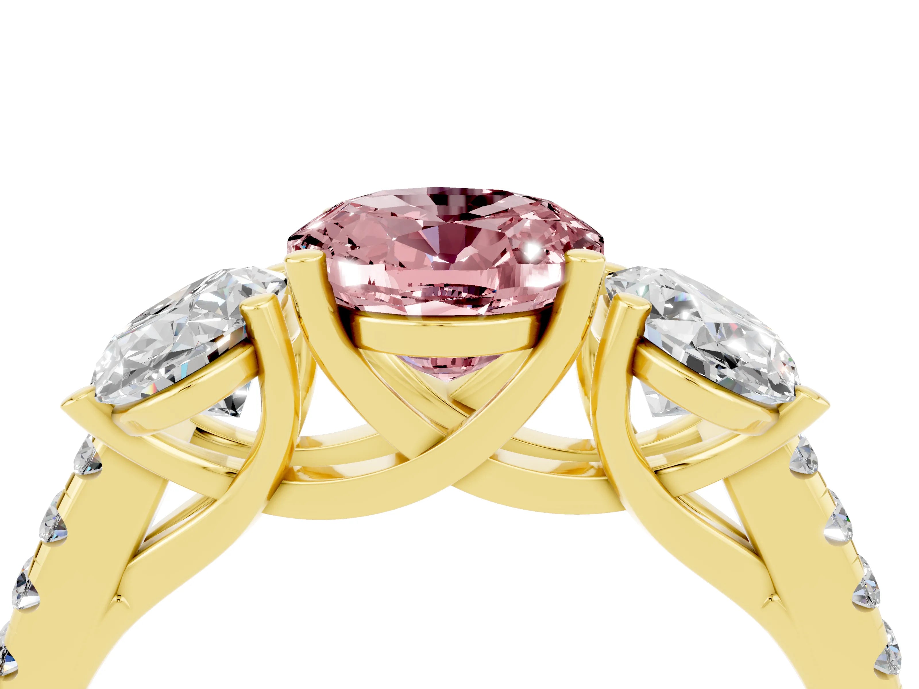 Yellow gold Three-Stone Oval Cut Morganite Ring with Pavé Band and Prong Setting_16