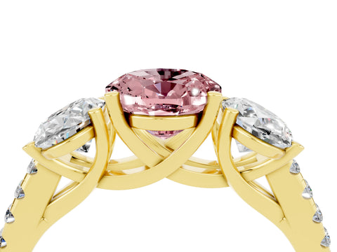 Yellow gold Three-Stone Oval Cut Morganite Ring with Pavé Band and Prong Setting_16