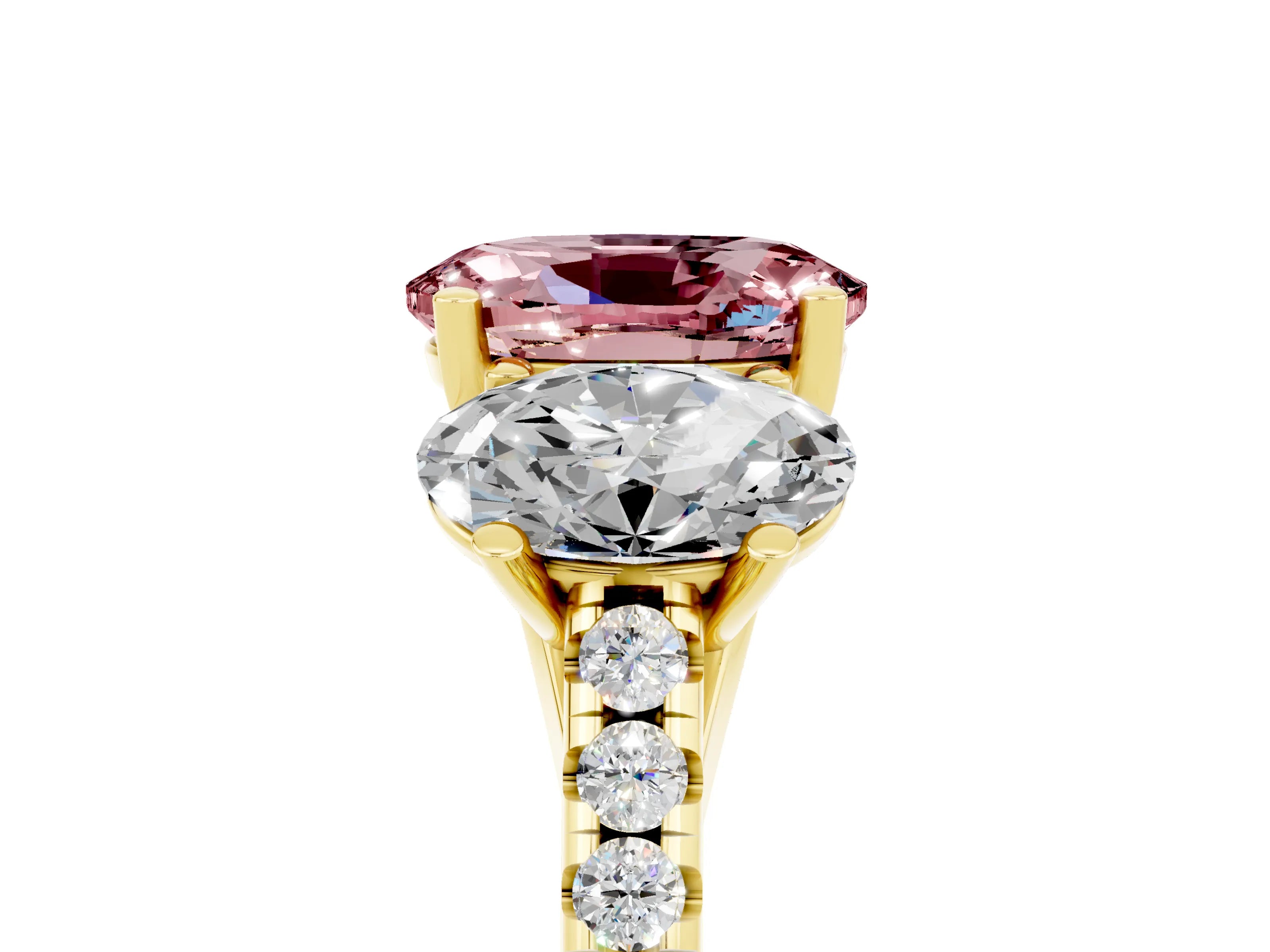 Yellow gold Three-Stone Oval Cut Morganite Ring with Pavé Band and Prong Setting_17
