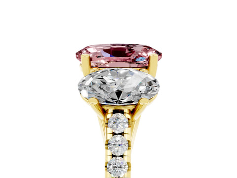 Yellow gold Three-Stone Oval Cut Morganite Ring with Pavé Band and Prong Setting_17