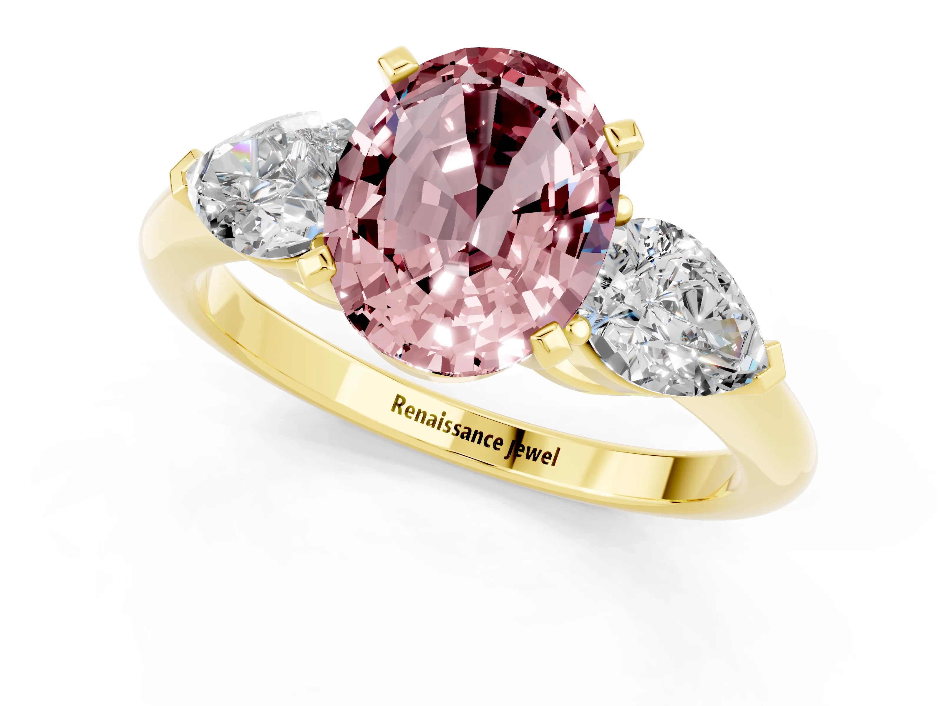 Yellow gold Three-Stone Oval Cut Morganite Ring with Pear Side Stones and Four-Prong Setting_1