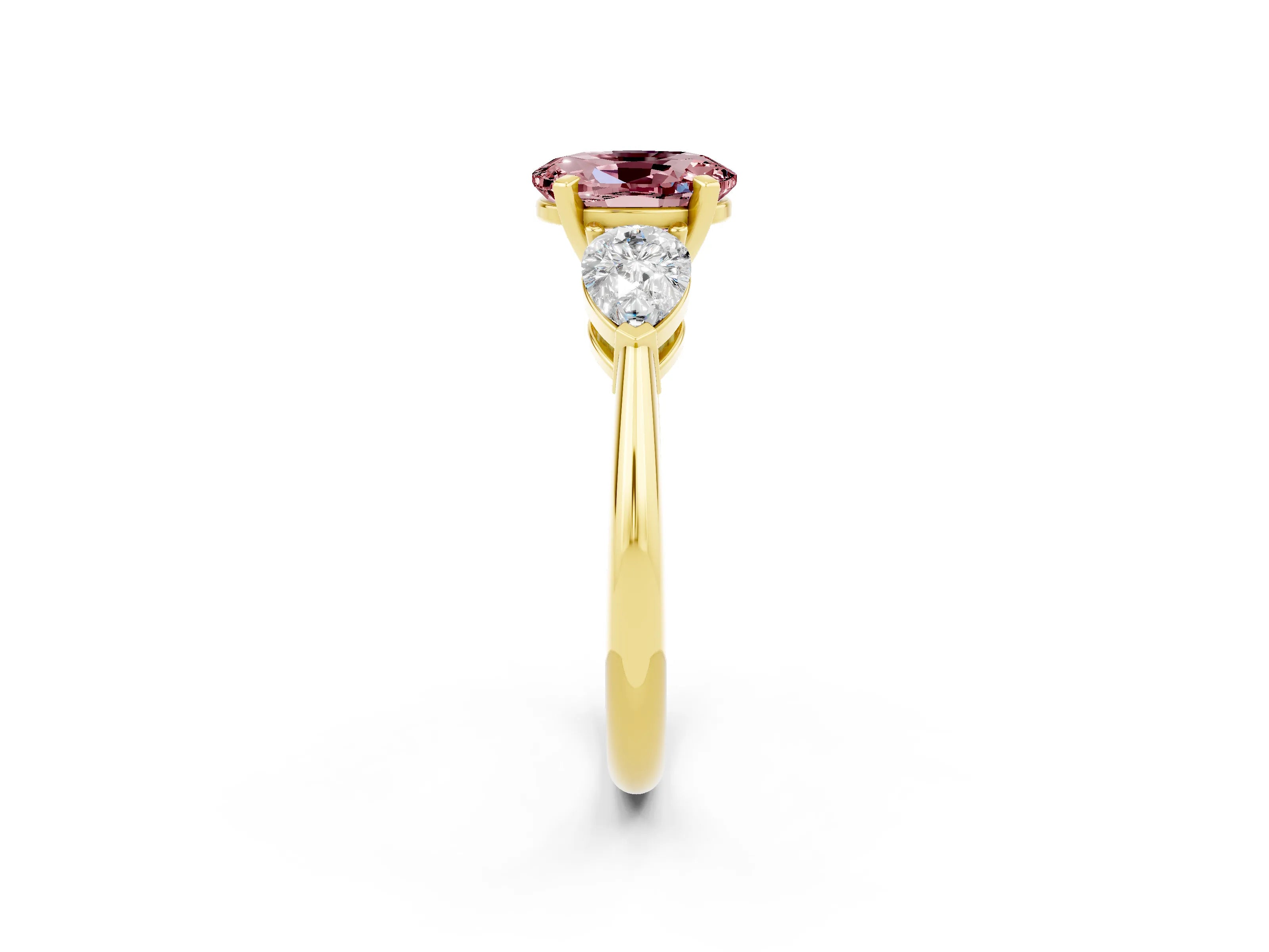 Yellow gold Three-Stone Oval Cut Morganite Ring with Pear Side Stones and Four-Prong Setting_2