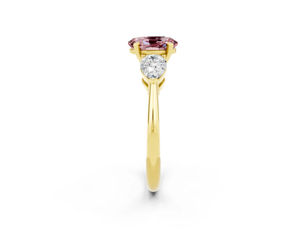 Yellow gold Three-Stone Oval Cut Morganite Ring with Pear Side Stones and Four-Prong Setting