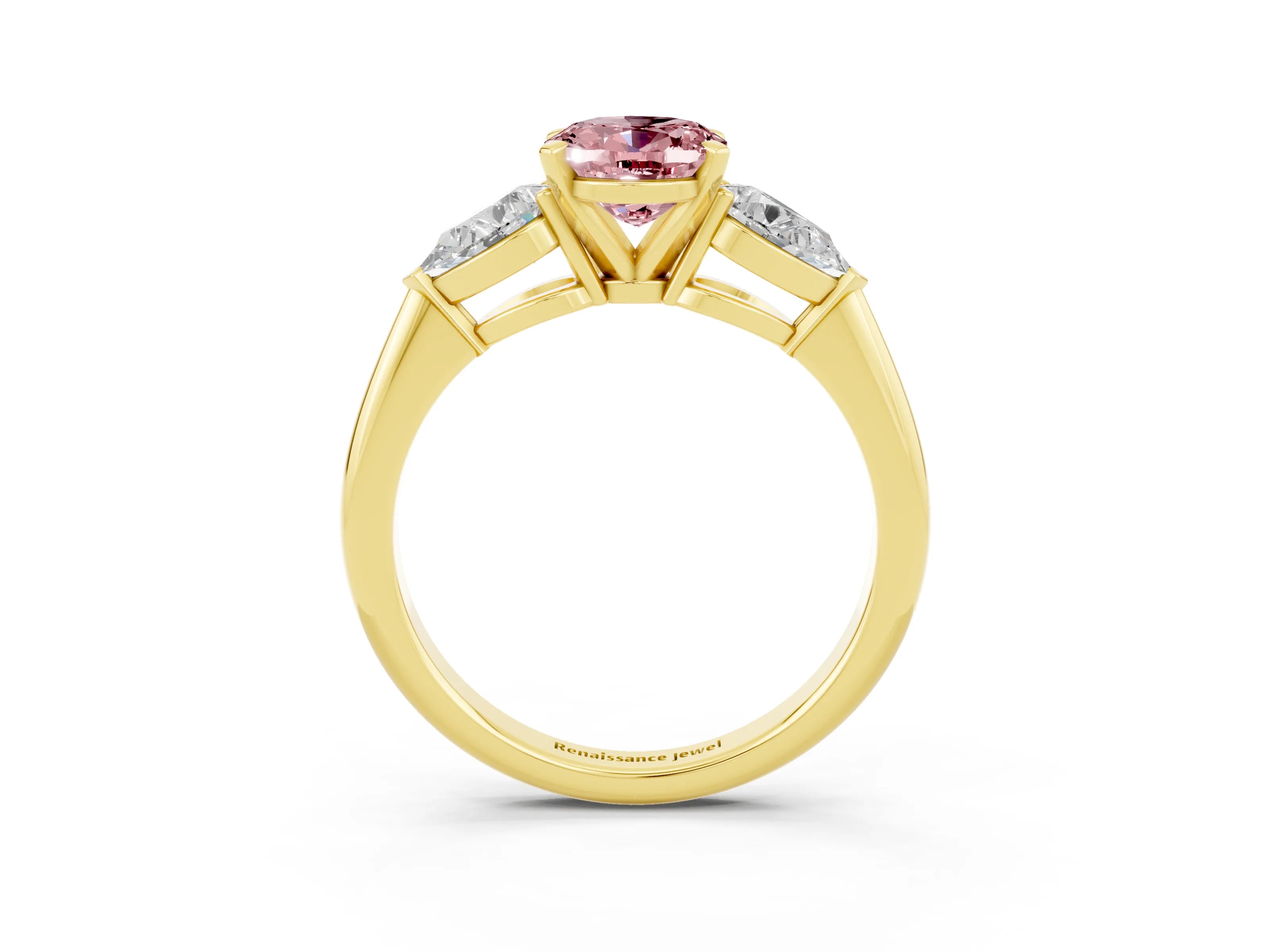 Yellow gold Three-Stone Oval Cut Morganite Ring with Pear Side Stones and Four-Prong Setting_3