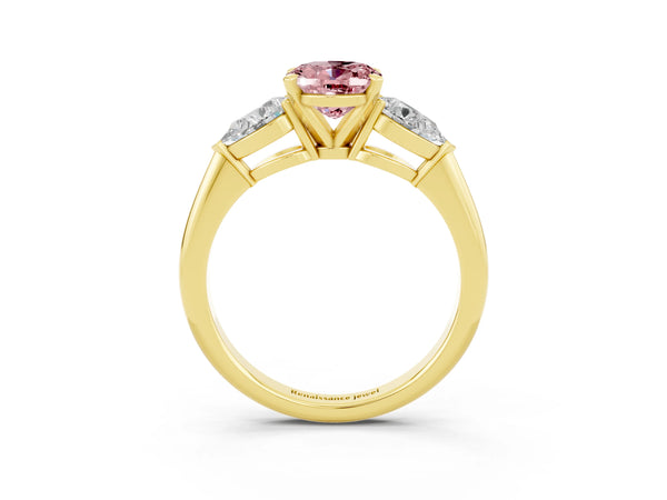 Yellow gold Three-Stone Oval Cut Morganite Ring with Pear Side Stones and Four-Prong Setting