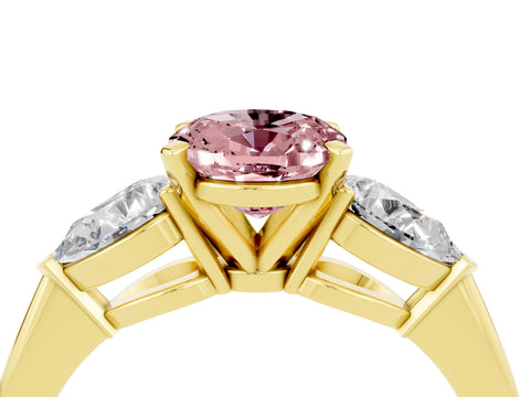 Yellow gold Three-Stone Oval Cut Morganite Ring with Pear Side Stones and Four-Prong Setting_4