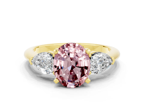 Yellow gold Three-Stone Oval Cut Morganite Ring with Pear Side Stones and Four-Prong Setting