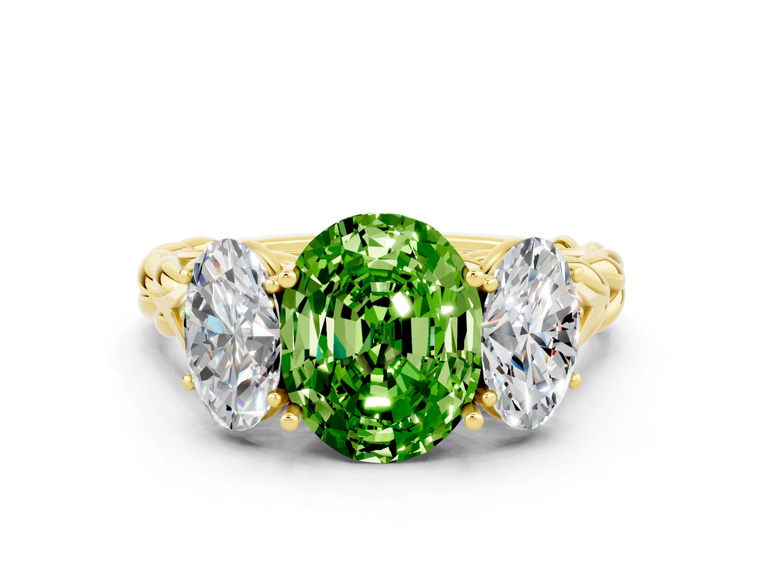 Yellow gold Three-Stone Oval Cut Peridot Braided Band Ring with Four-Prong Setting_12