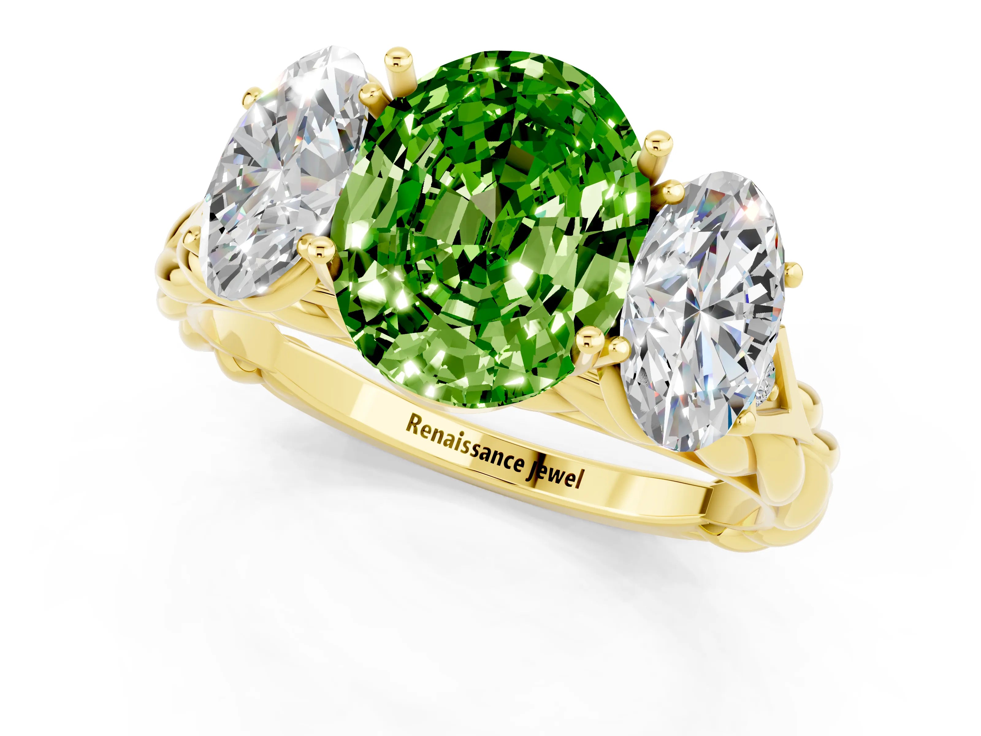Yellow gold Three-Stone Oval Cut Peridot Braided Band Ring with Four-Prong Setting_13