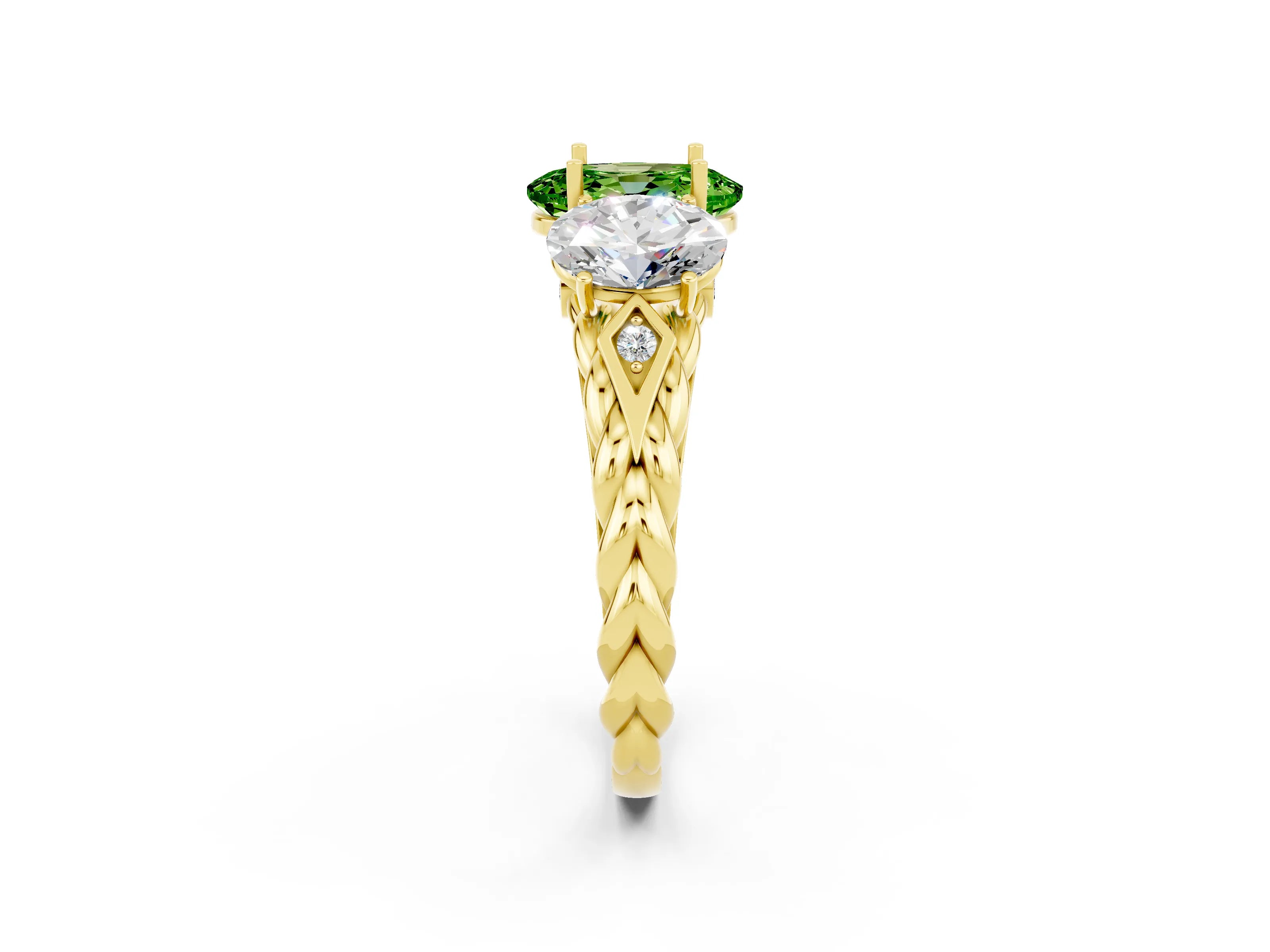 Yellow gold Three-Stone Oval Cut Peridot Braided Band Ring with Four-Prong Setting_14