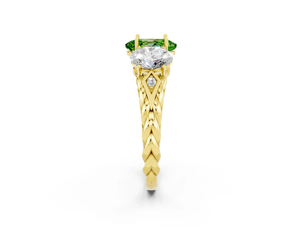 Yellow gold Three-Stone Oval Cut Peridot Braided Band Ring with Four-Prong Setting