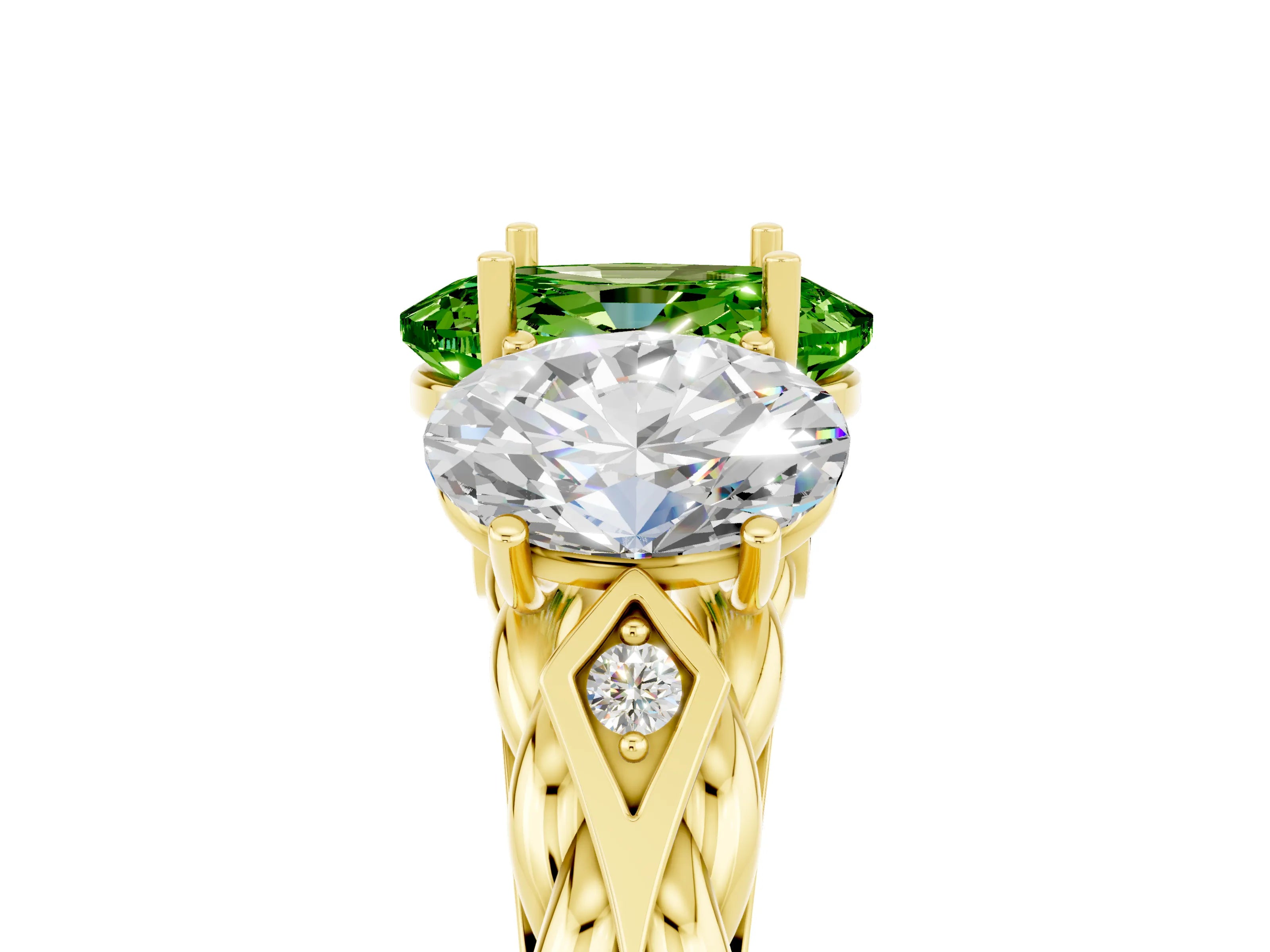 Yellow gold Three-Stone Oval Cut Peridot Braided Band Ring with Four-Prong Setting_17