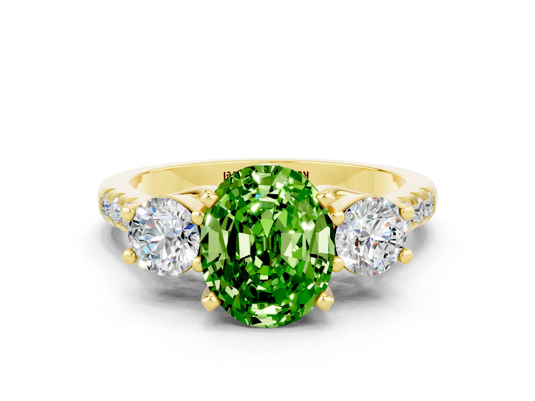 Yellow gold Three-Stone Oval Cut Peridot Pavé Band with Four-Prong Setting