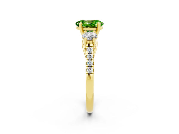Yellow gold Three-Stone Oval Cut Peridot Pavé Band with Four-Prong Setting