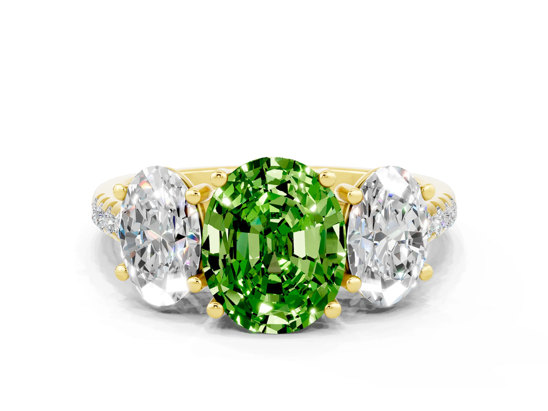 Yellow gold Three-Stone Oval Cut Peridot Ring with Pavé Band and Prong Setting_12