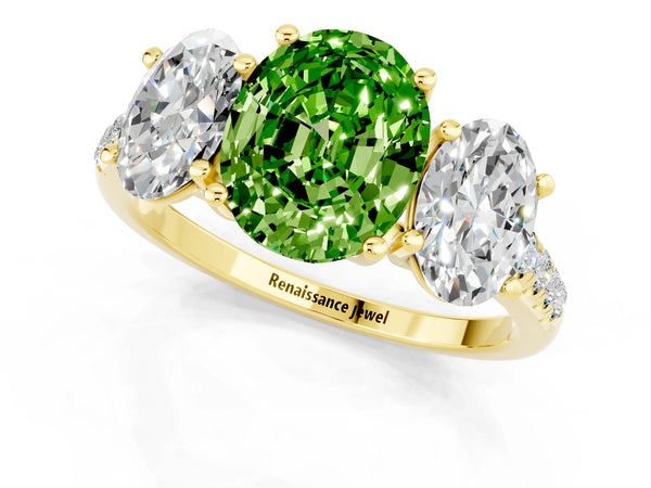 Yellow gold Three-Stone Oval Cut Peridot Ring with Round  Pavé Band and Prong Setting