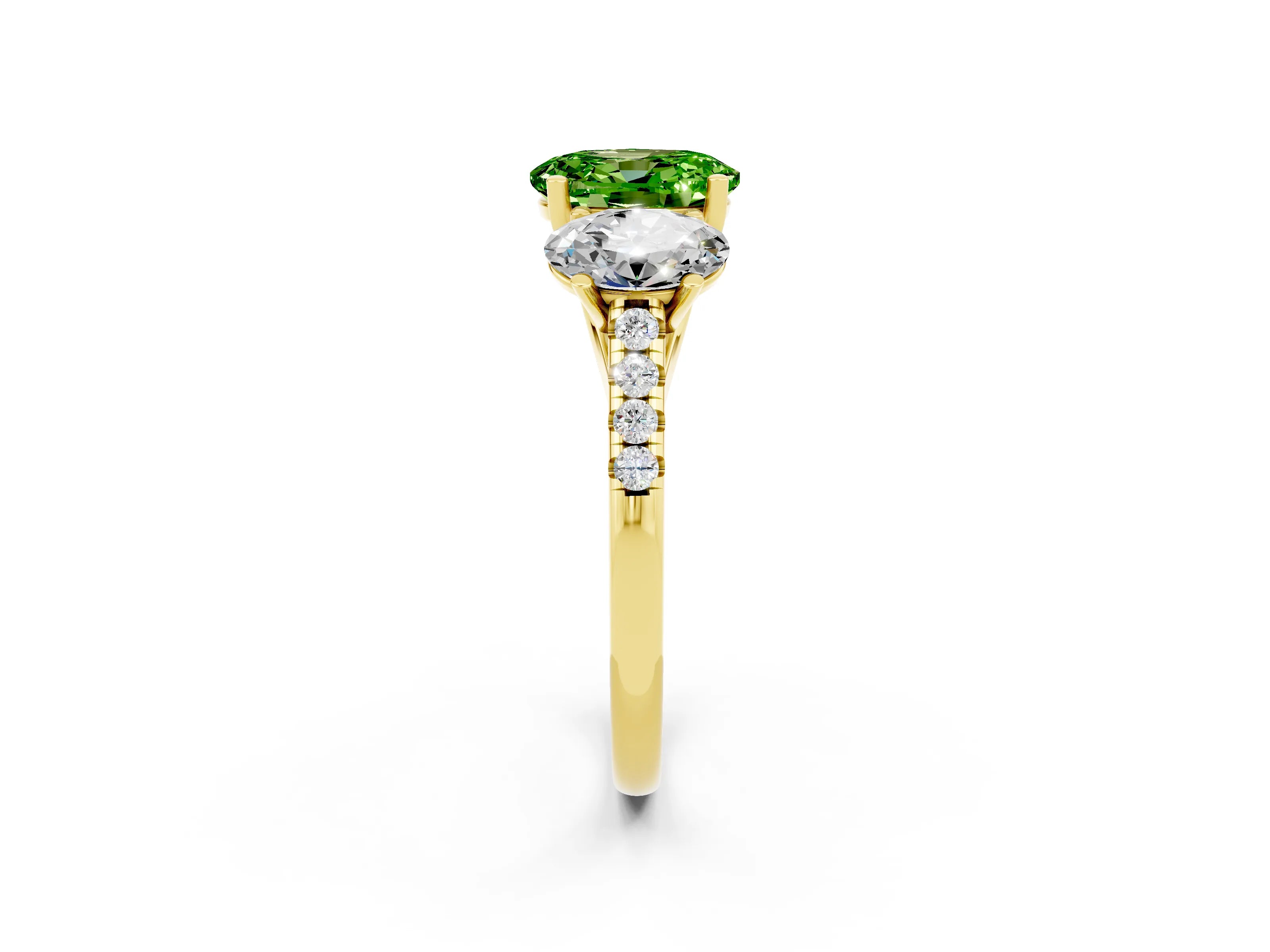 Yellow gold Three-Stone Oval Cut Peridot Ring with Pavé Band and Prong Setting_14