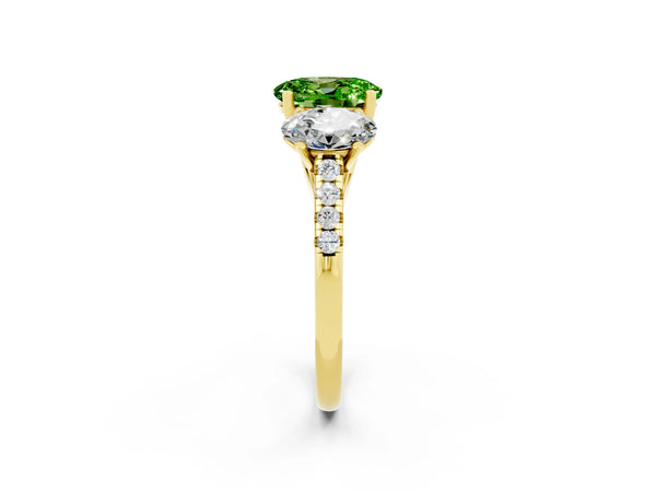 Yellow gold Three-Stone Oval Cut Peridot Ring with Round  Pavé Band and Prong Setting