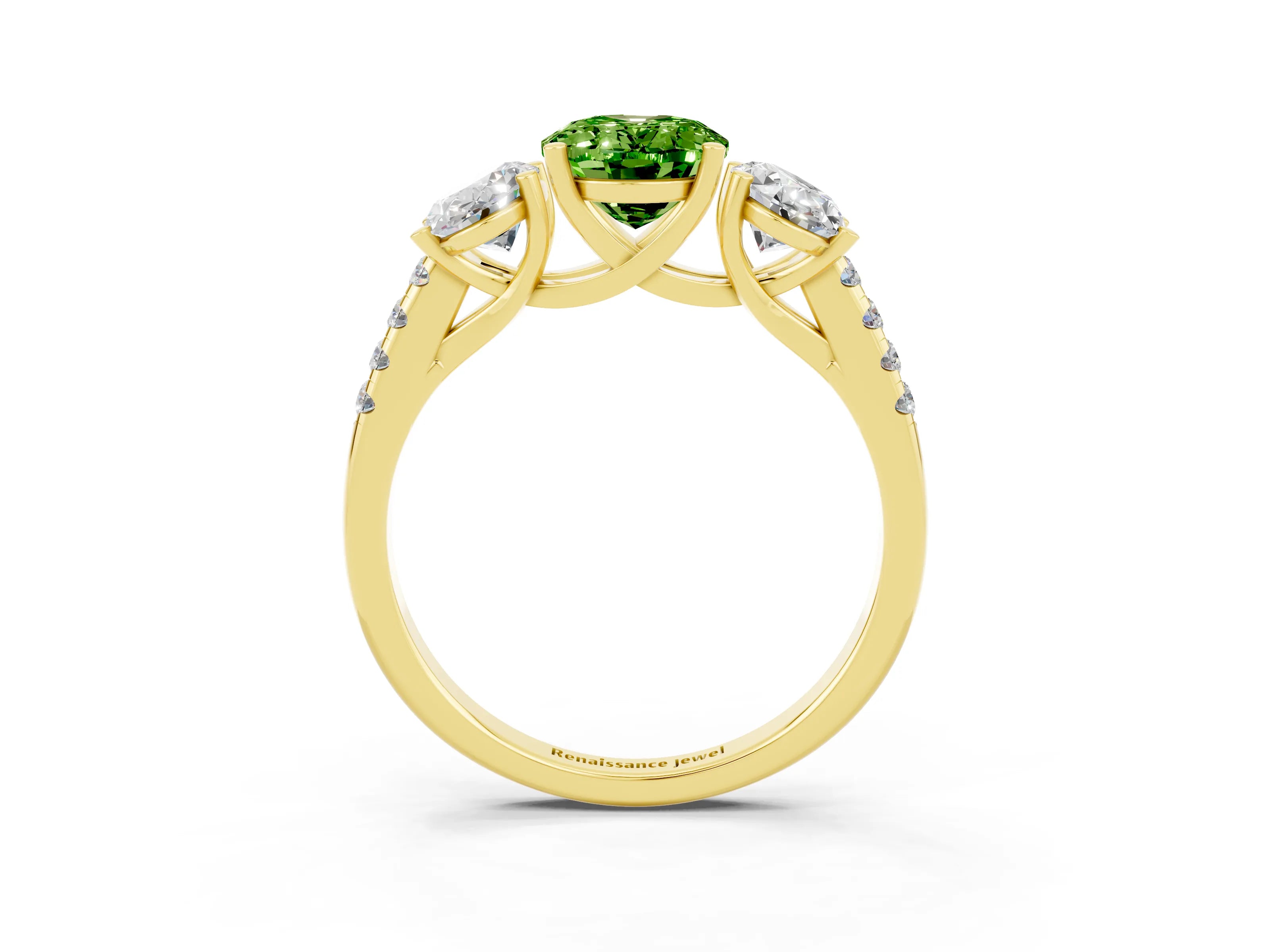Yellow gold Three-Stone Oval Cut Peridot Ring with Pavé Band and Prong Setting_15