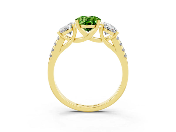 Yellow gold Three-Stone Oval Cut Peridot Ring with Round  Pavé Band and Prong Setting