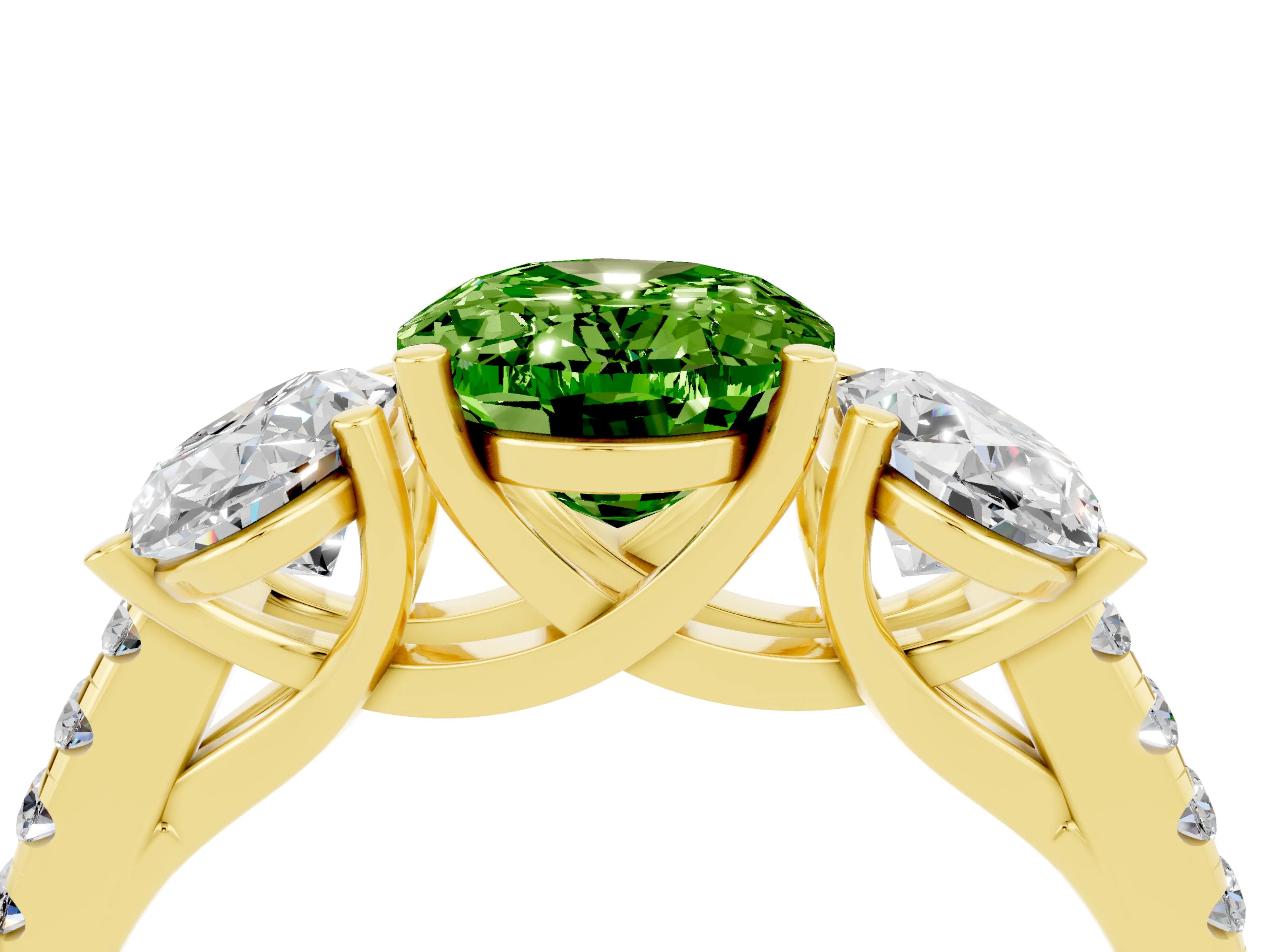Yellow gold Three-Stone Oval Cut Peridot Ring with Pavé Band and Prong Setting_16