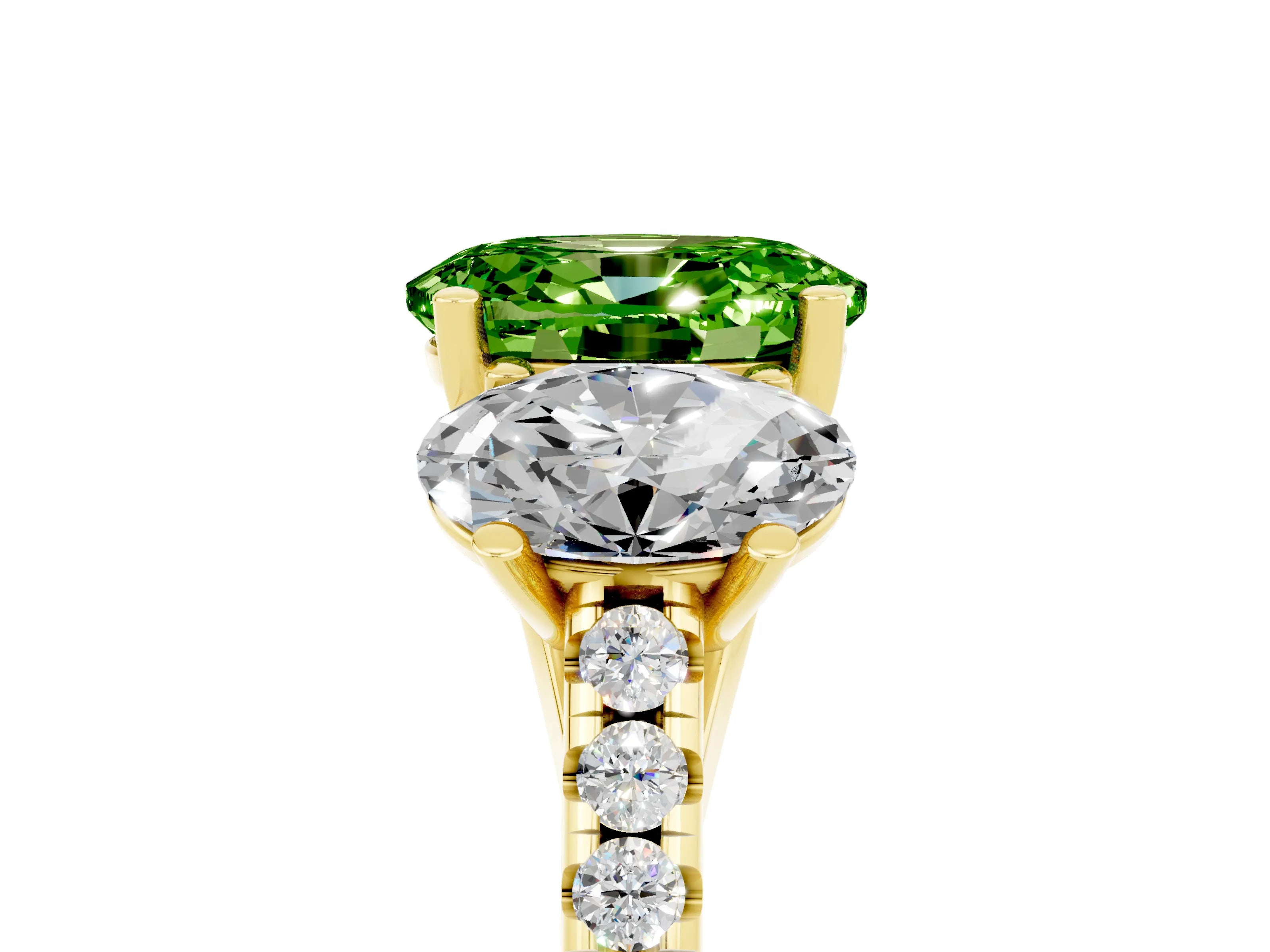 Yellow gold Three-Stone Oval Cut Peridot Ring with Pavé Band and Prong Setting_17