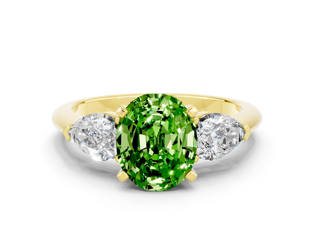 Yellow gold Three-Stone Oval Cut Peridot Ring with Pear Side Stones and Four-Prong Setting