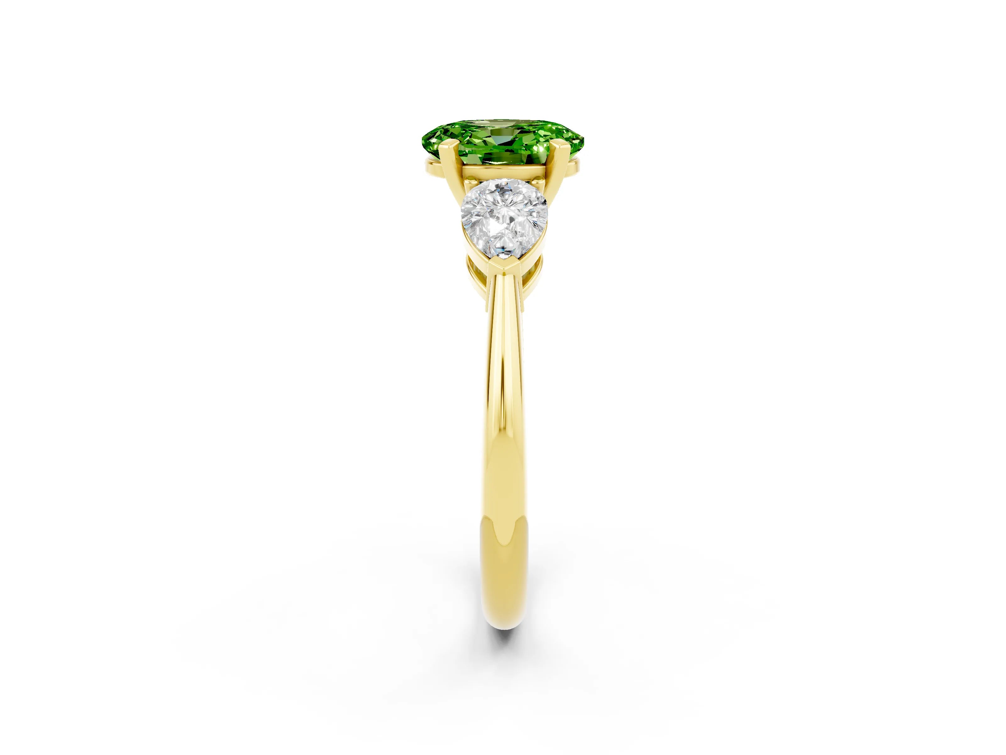 Yellow gold Three-Stone Oval Cut Peridot Ring with Pear Side Stones and Four-Prong Setting_2