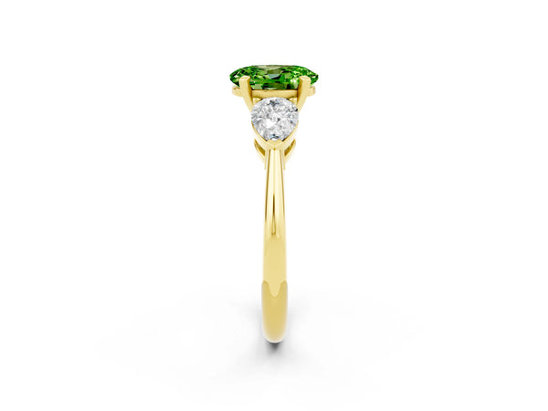 Yellow gold Three-Stone Oval Cut Peridot Ring with Pear Side Stones and Four-Prong Setting