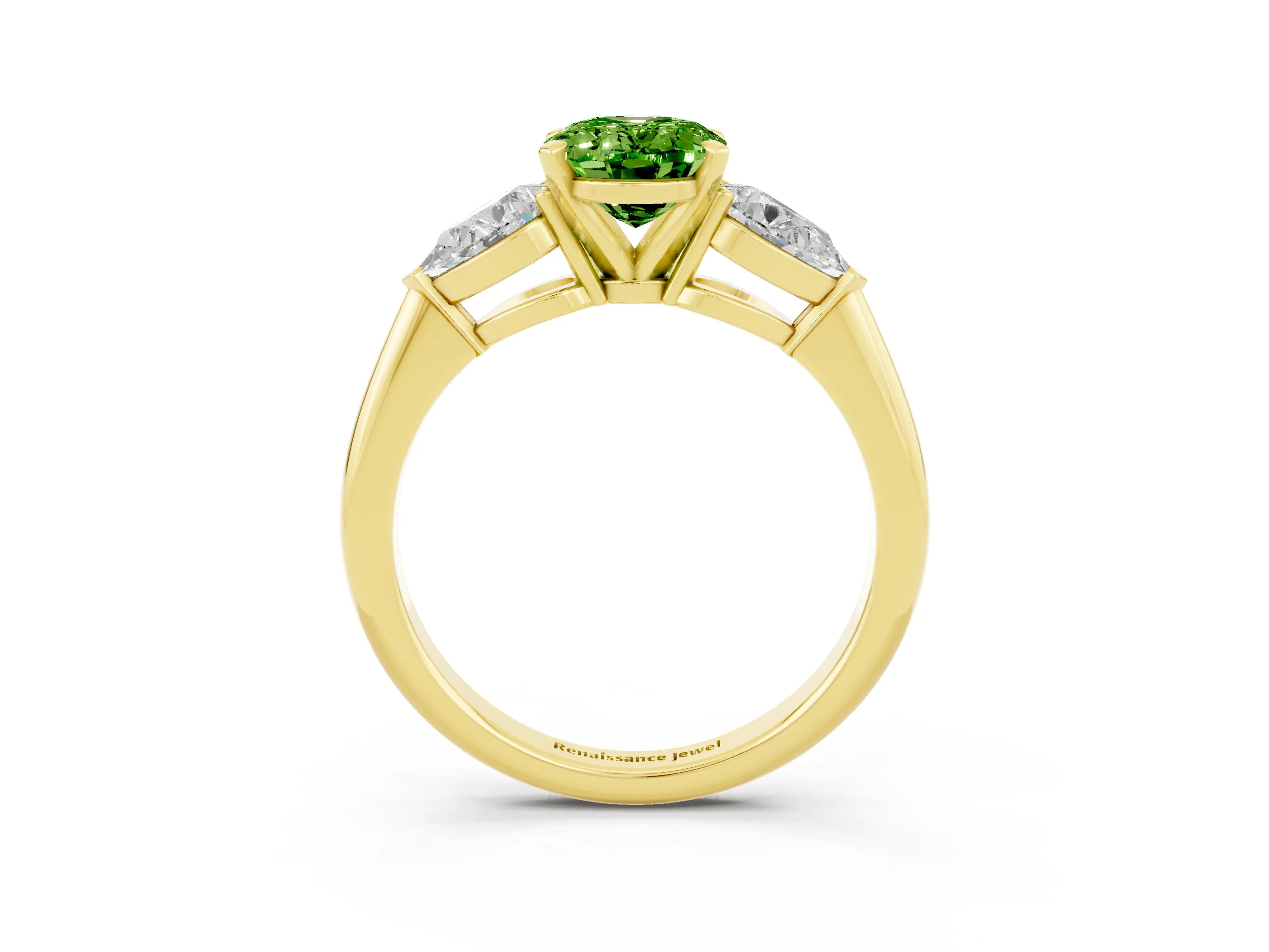 Yellow gold Three-Stone Oval Cut Peridot Ring with Pear Side Stones and Four-Prong Setting_3
