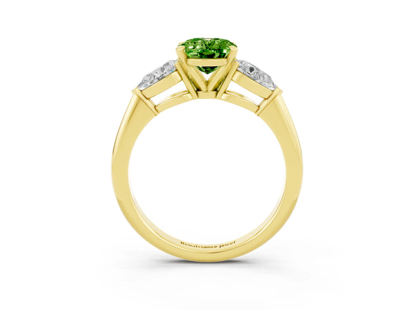 Yellow gold Three-Stone Oval Cut Peridot Ring with Pear Side Stones and Four-Prong Setting