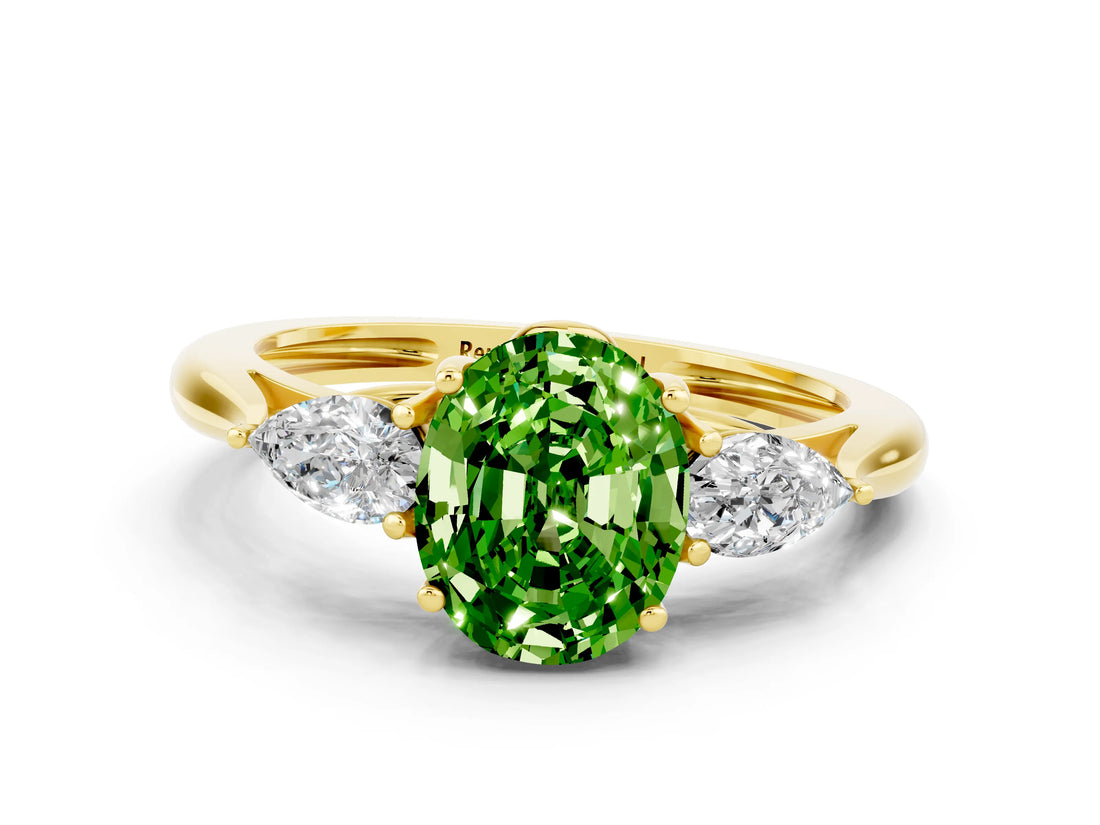 Yellow gold Three-Stone Oval Cut Peridot Ring with Pear  Side Stones in Four-Prong Setting_12