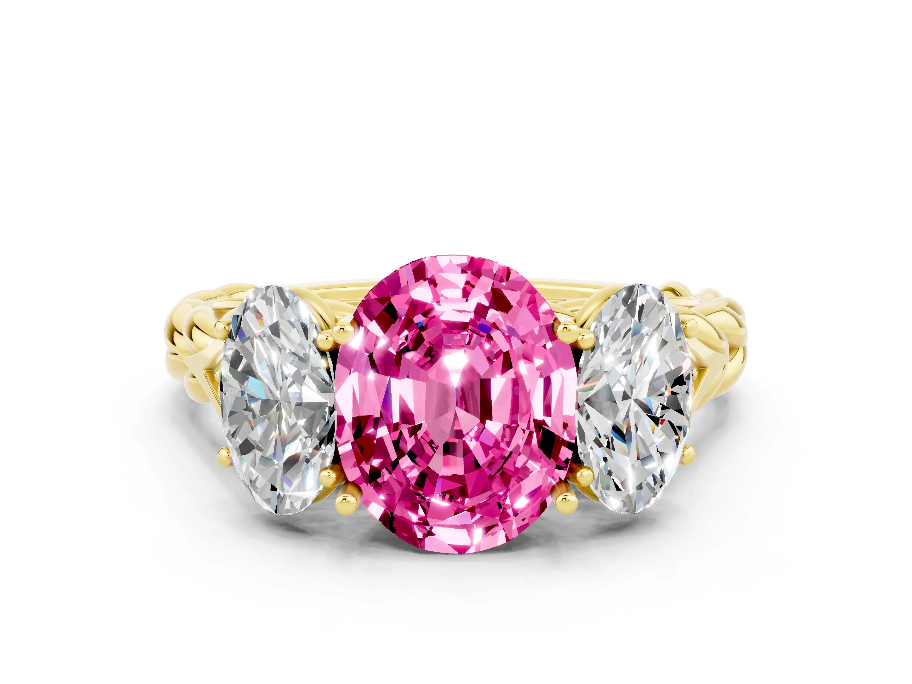 Yellow gold Three-Stone Oval Cut Pink Sapphire Braided Band Ring with Four-Prong Setting_36