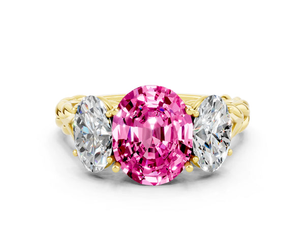 Yellow gold Three-Stone Oval Cut Pink Sapphire Braided Band Ring with Four-Prong Setting