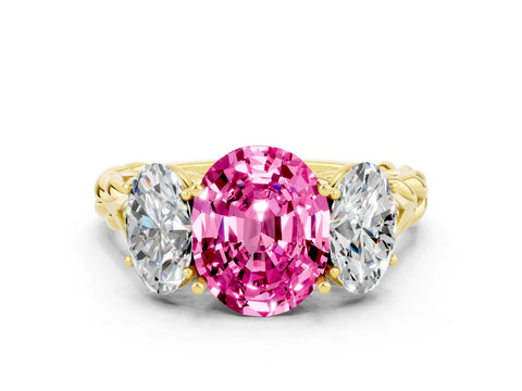 Yellow gold Three-Stone Oval Cut Pink Sapphire Braided Band Ring with Four-Prong Setting_36