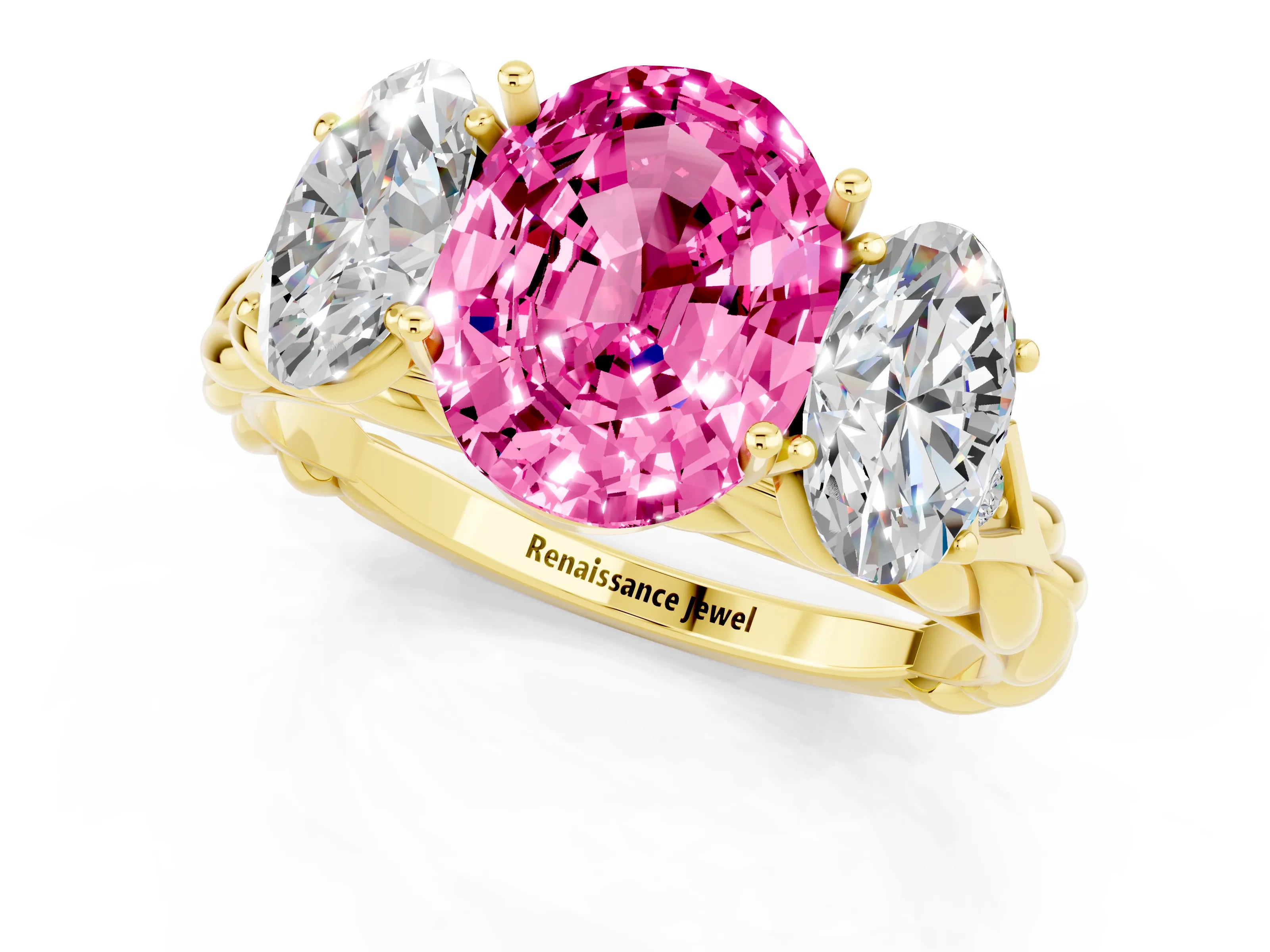 Yellow gold Three-Stone Oval Cut Pink Sapphire Braided Band Ring with Four-Prong Setting_37