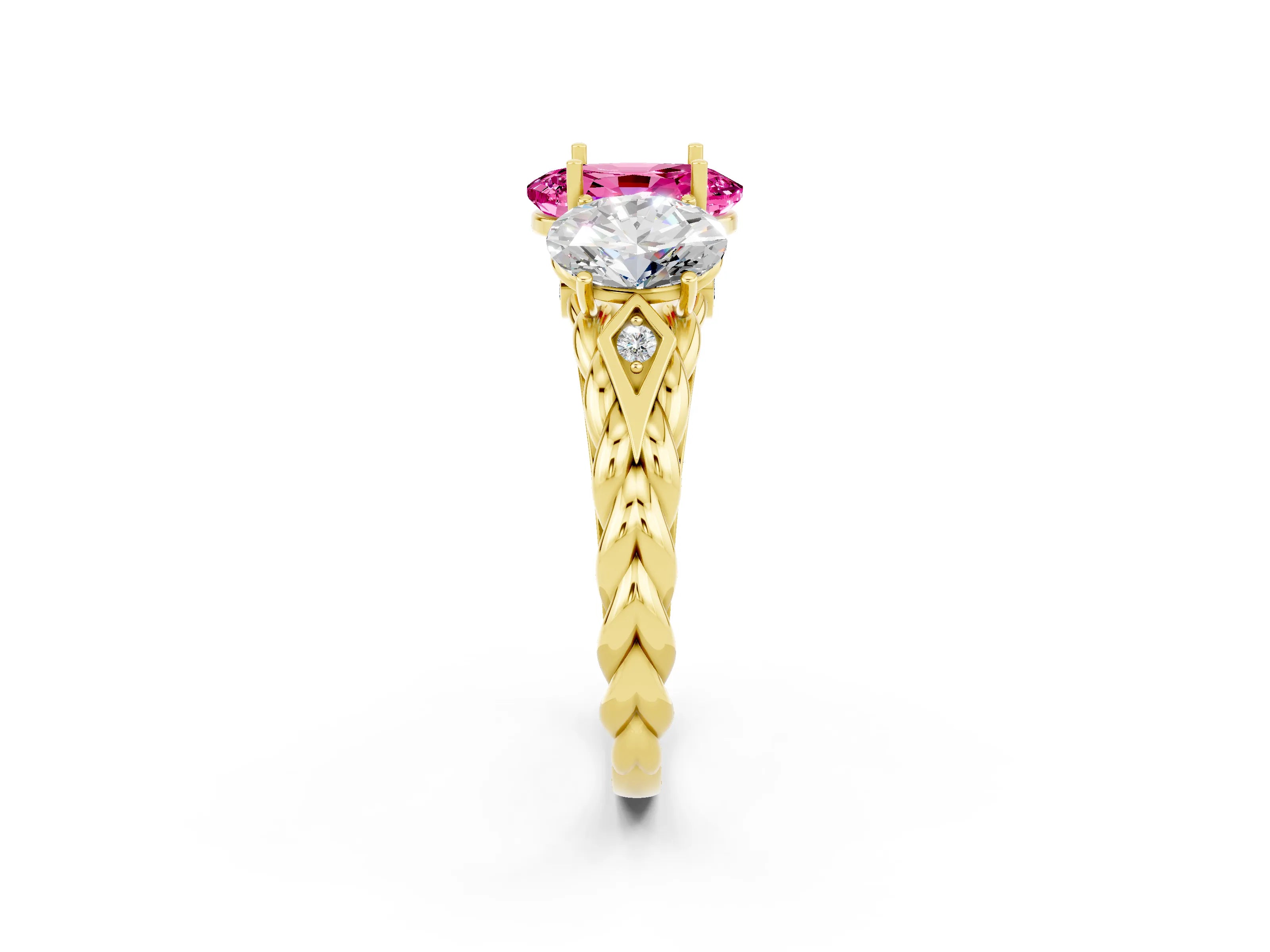 Yellow gold Three-Stone Oval Cut Pink Sapphire Braided Band Ring with Four-Prong Setting_38