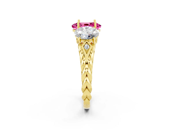 Yellow gold Three-Stone Oval Cut Pink Sapphire Braided Band Ring with Four-Prong Setting