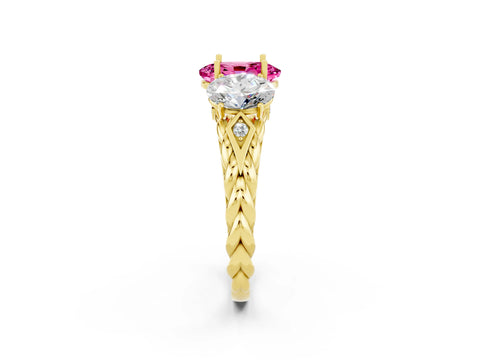Yellow gold Three-Stone Oval Cut Pink Sapphire Braided Band Ring with Four-Prong Setting_38