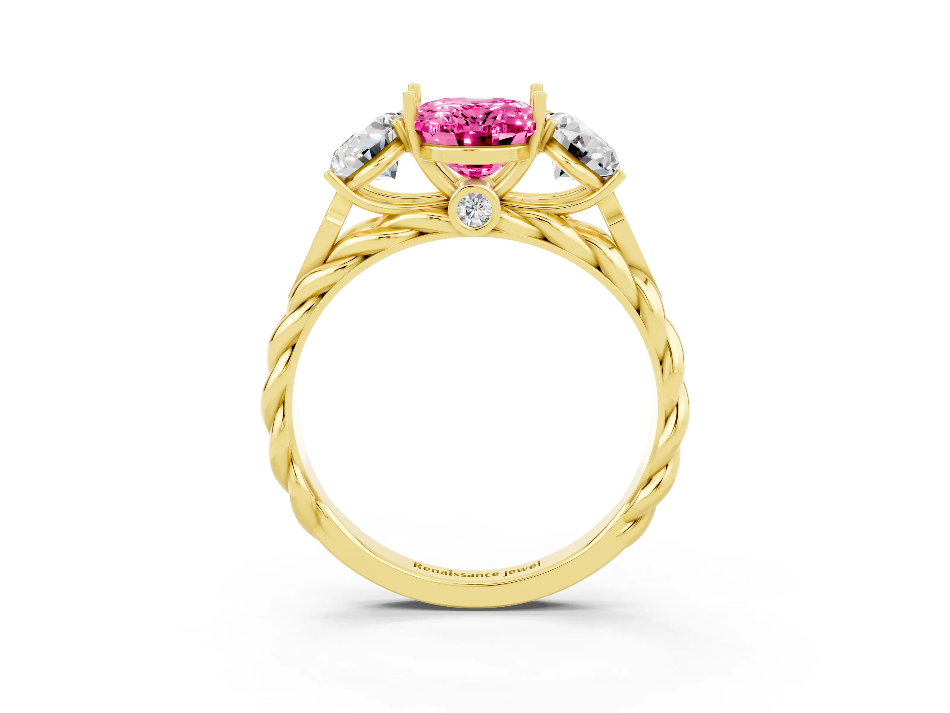 Yellow gold Three-Stone Oval Cut Pink Sapphire Braided Band Ring with Four-Prong Setting_39
