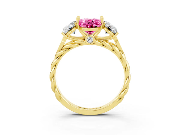 Yellow gold Three-Stone Oval Cut Pink Sapphire Braided Band Ring with Four-Prong Setting