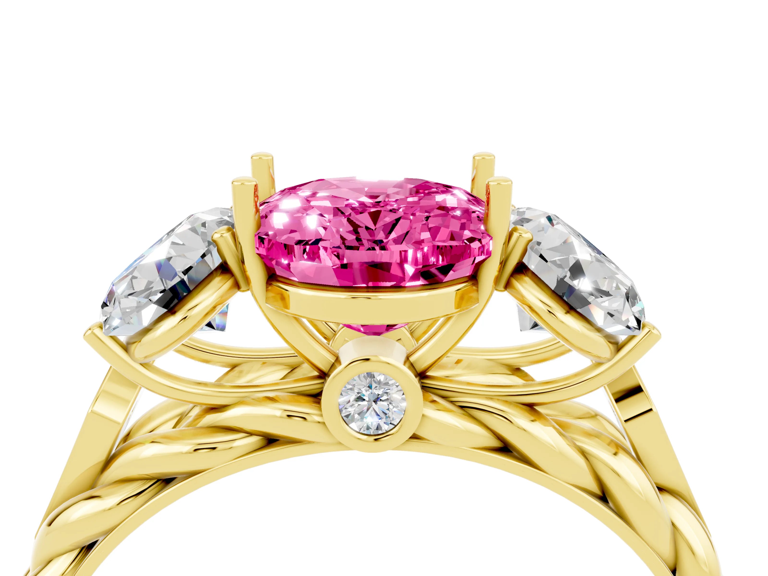 Yellow gold Three-Stone Oval Cut Pink Sapphire Braided Band Ring with Four-Prong Setting_40