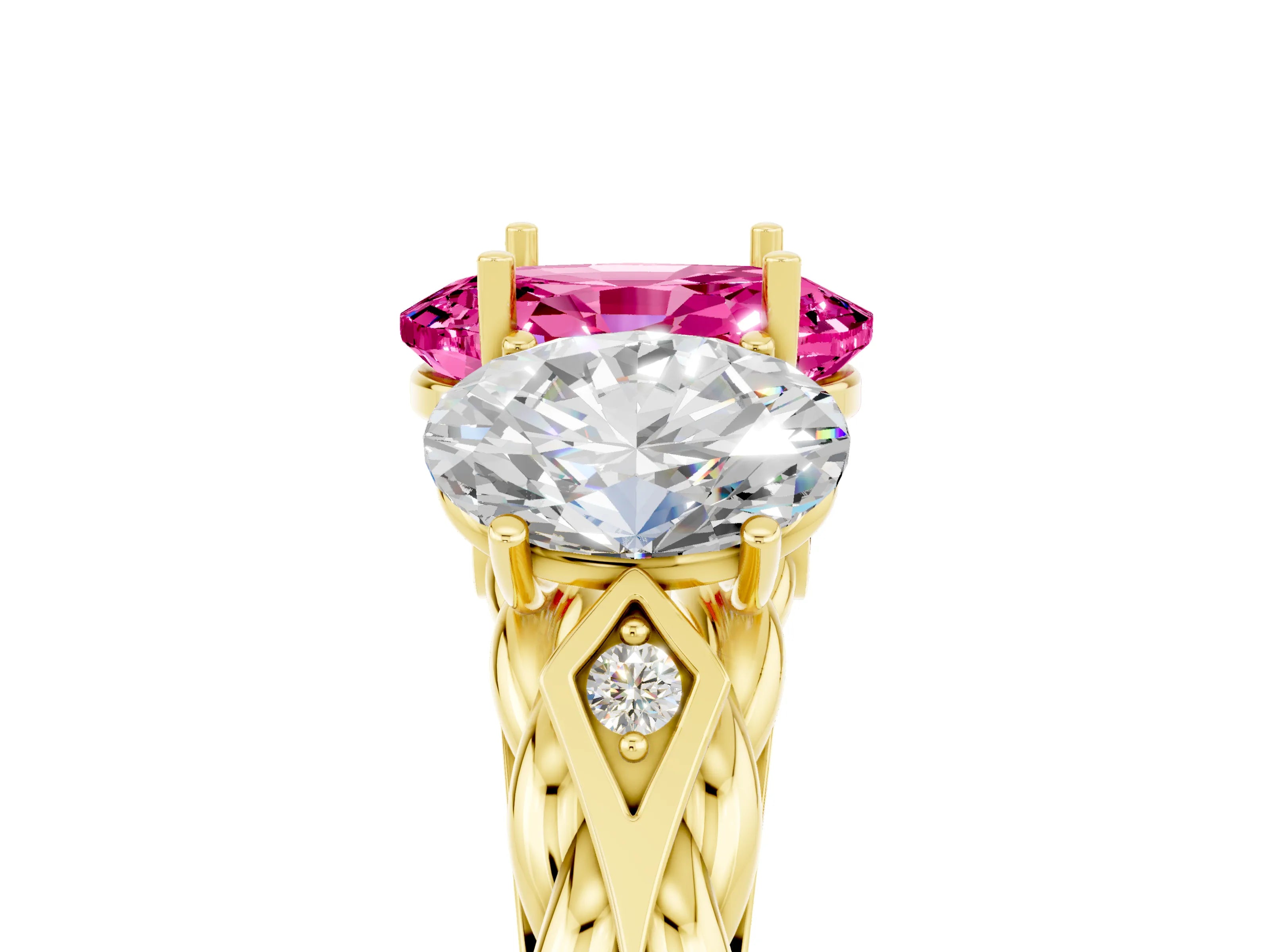 Yellow gold Three-Stone Oval Cut Pink Sapphire Braided Band Ring with Four-Prong Setting_41