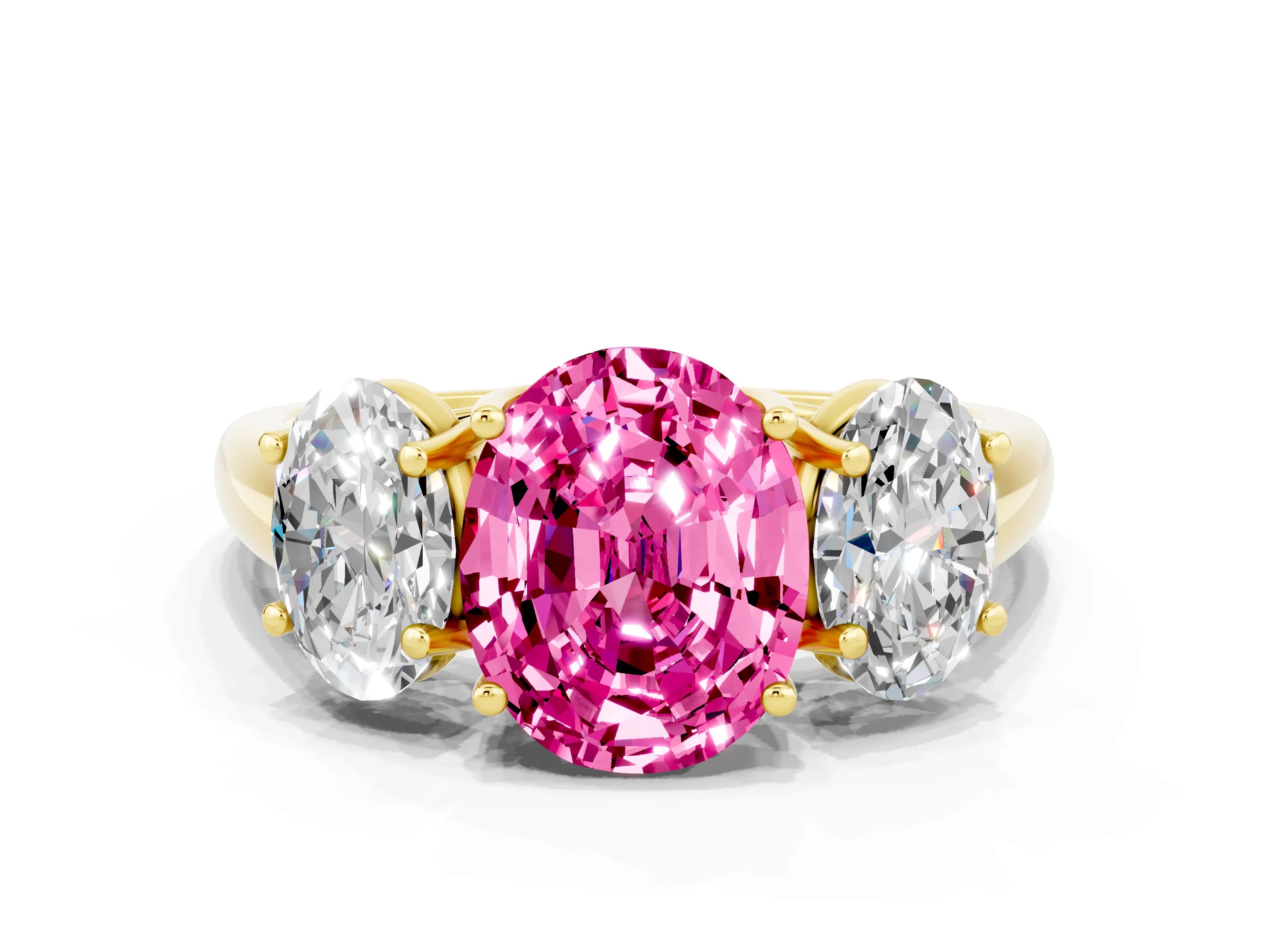 Yellow gold Three-Stone Oval Cut Pink Sapphire Engagement Ring with Prong Setting